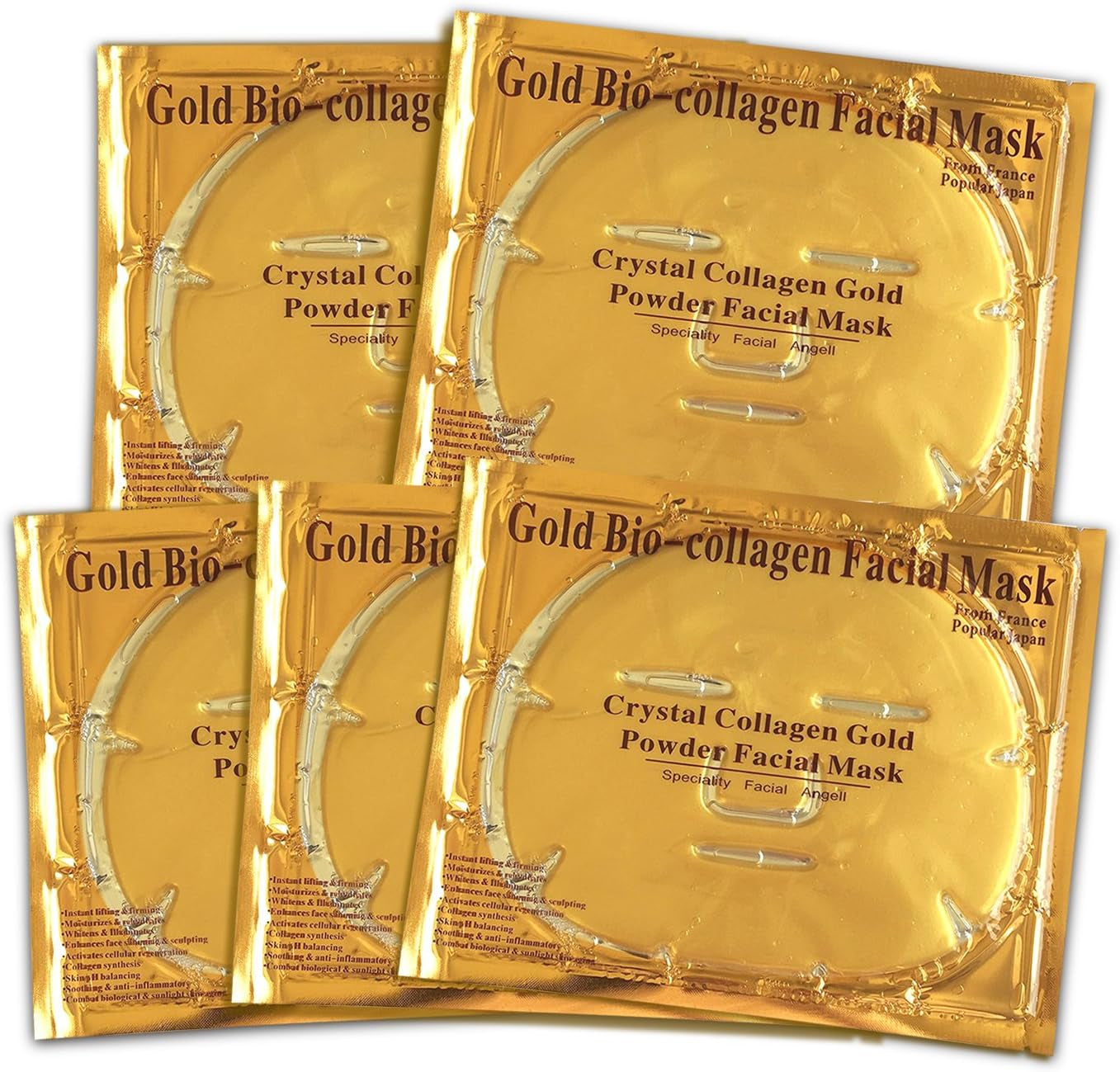 24K Gold Bio Collagen Crystal Face Mask + Eye Mask + Lip Mask, anti Ageing Skin Care (5Pairs/Set)